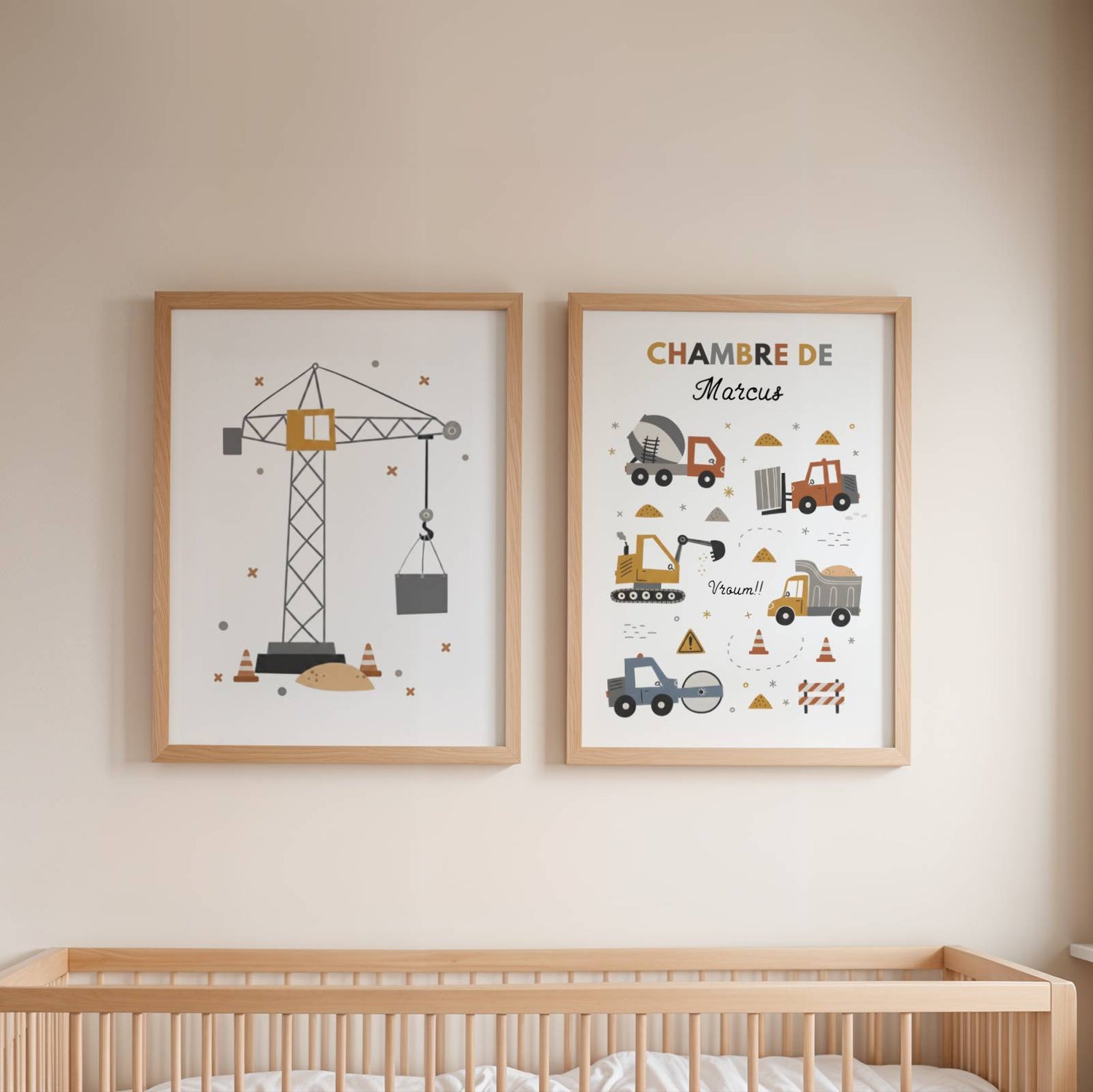 Lot 3 Affiches Chambre Garçon Engins Chantier Personnalisées Prénom – Galerie Murale Véhicules Construction Cadeau Naissance - Image 3