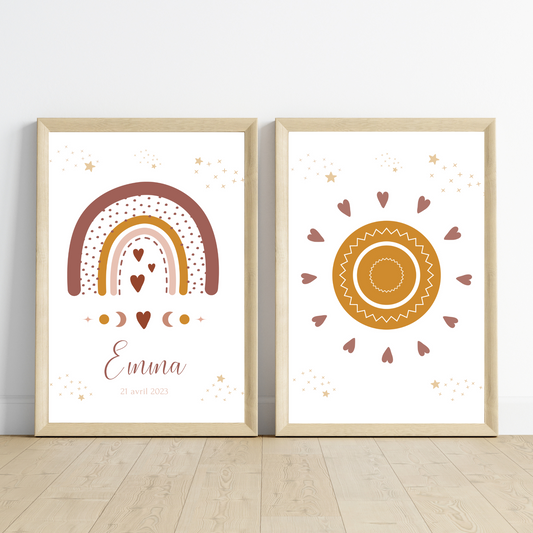 Set 3 affiches enfant terracotta bohème - décoration arc en ciel lune soleil