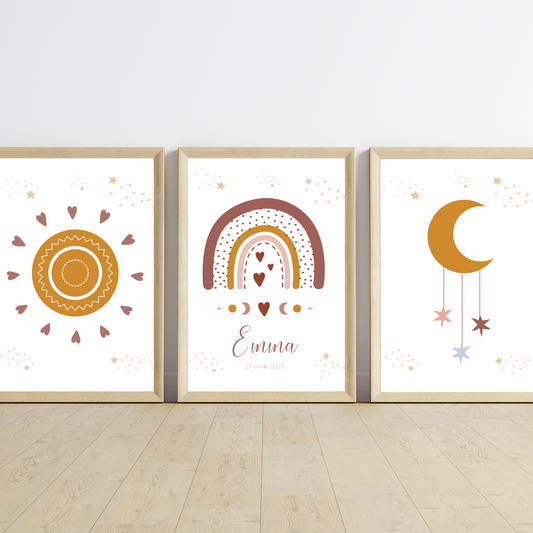 Set 3 affiches enfant terracotta bohème - décoration arc en ciel lune soleil