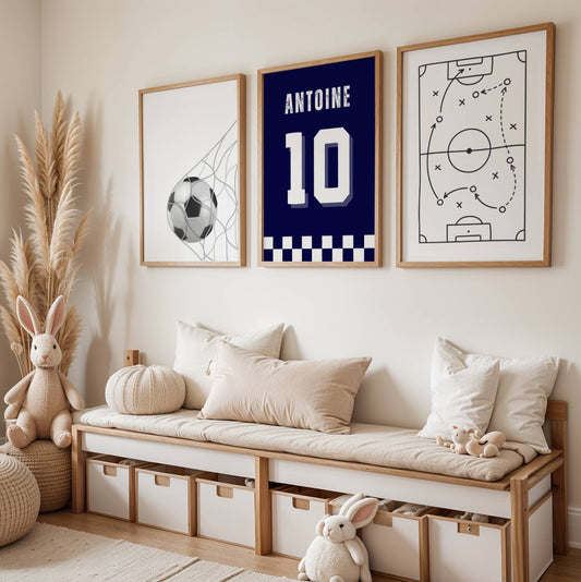 Lot de 3 affiches football personnalisées – poster maillot prénom ado – déco chambre foot garçon