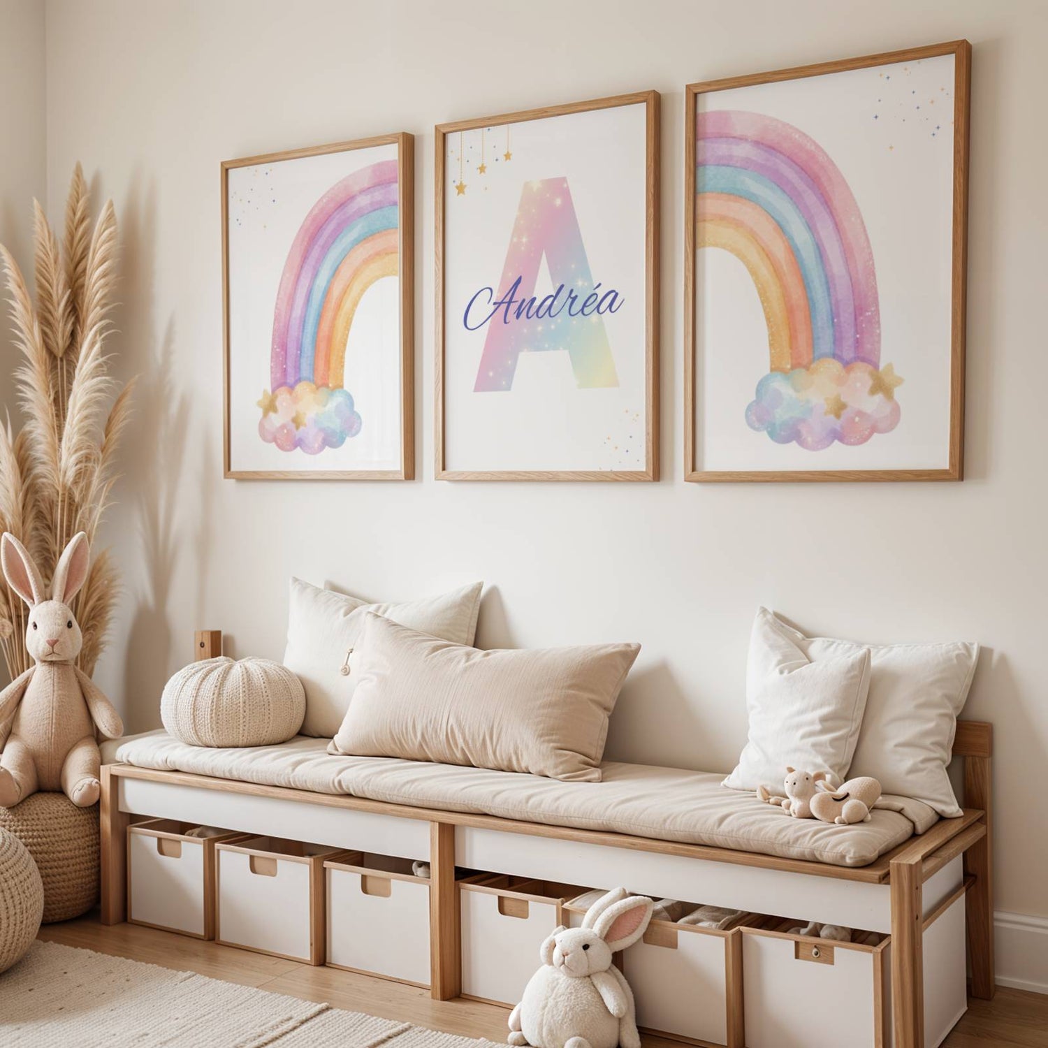 Lot de trois affiches personnalisées pour chambre de bébé avec deux arcs-en-ciel aquarelle pastel et une affiche centrale comportant une grande initiale colorée et un prénom personnalisé, décoration murale nursery bohème pour fille.