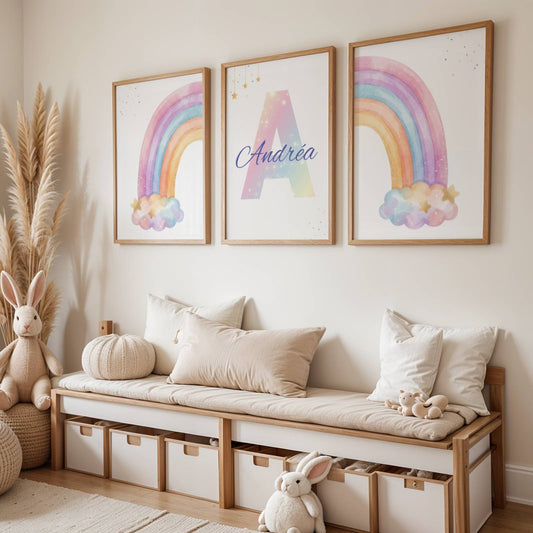 Lot de trois affiches personnalisées pour chambre de bébé avec deux arcs-en-ciel aquarelle pastel et une affiche centrale comportant une grande initiale colorée et un prénom personnalisé, décoration murale nursery bohème pour fille.