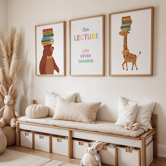 Set de 3 affiches pour coin lecture enfant au style scandinave minimaliste avec illustrations d’un ours et d’une girafe portant des livres. Décoration murale idéale pour chambre bébé, nursery ou salle de jeux moderne. Palette beige nude et touches colorées pour une ambiance douce et éducative. Posters inspirants avec le message “Lire, Rêver, Grandir”, parfaits pour un espace Montessori, une bibliothèque enfant ou un cadeau naissance mixte.