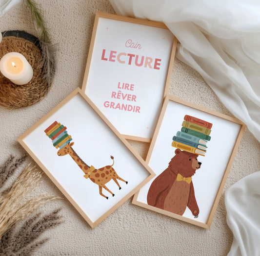 Affiches chambre enfant scandinaves ours et girafe avec livres décoration murale Montessori beige et crème