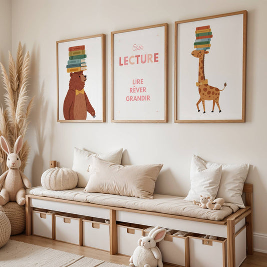 Affiches chambre enfant scandinaves ours et girafe avec livres décoration murale Montessori beige et crème