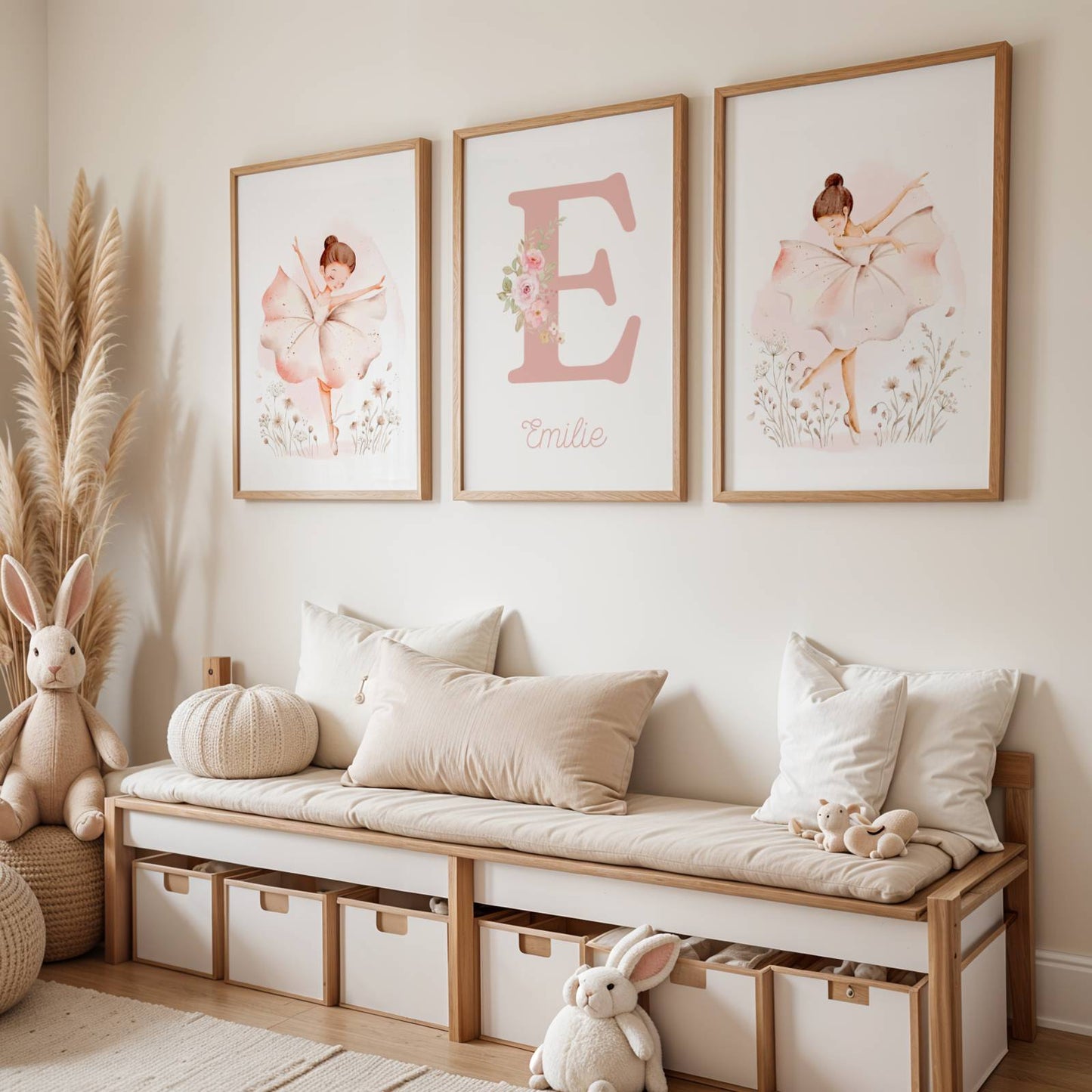 Affiche Danseuse Étoile Personnalisée Prénom | Trio Posters Chambre Bébé Fille Aquarelle | Déco Murale Rose Poudré Ballerine