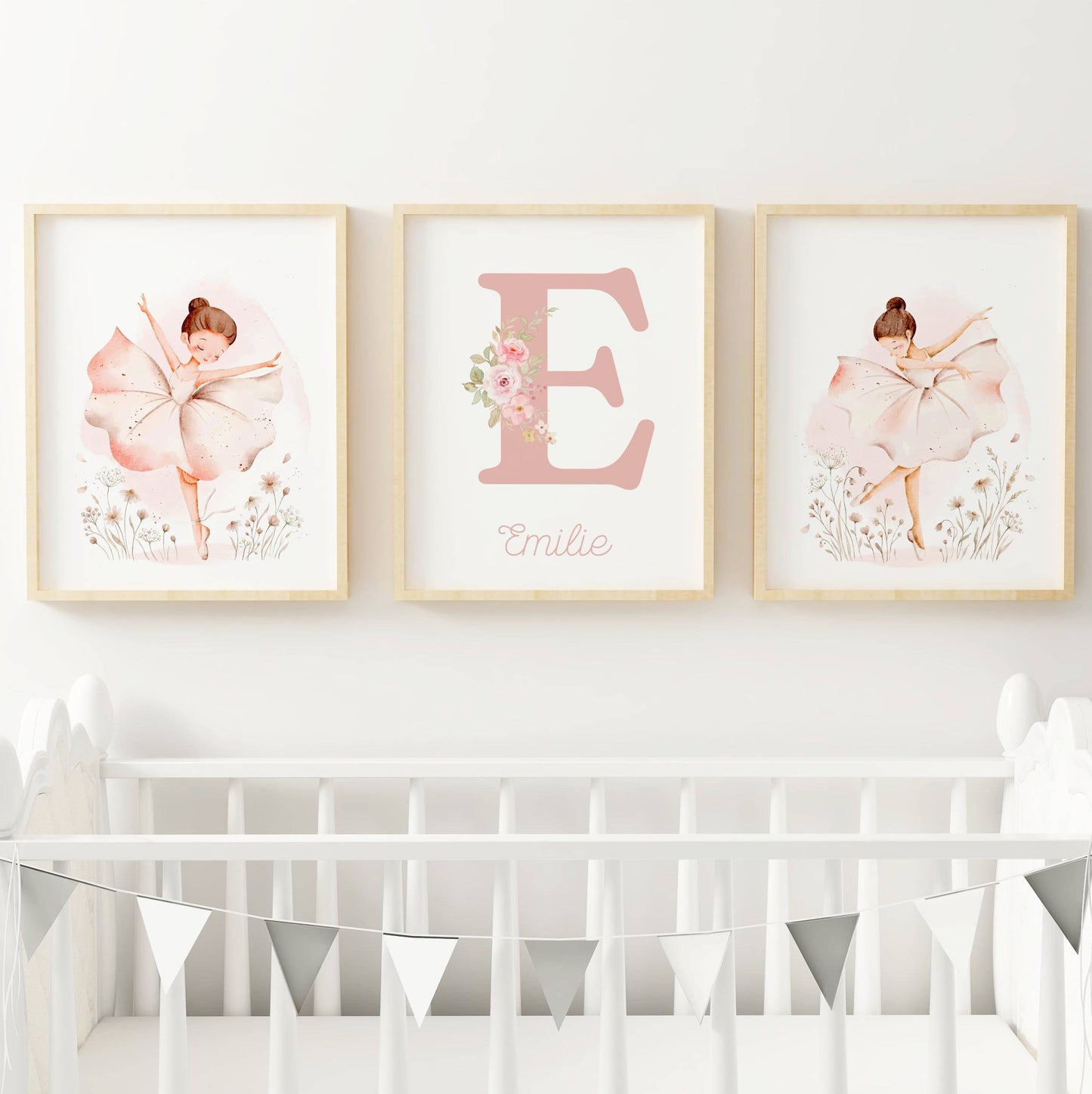 Affiche Danseuse Étoile Personnalisée Prénom | Trio Posters Chambre Bébé Fille Aquarelle | Déco Murale Rose Poudré Ballerine