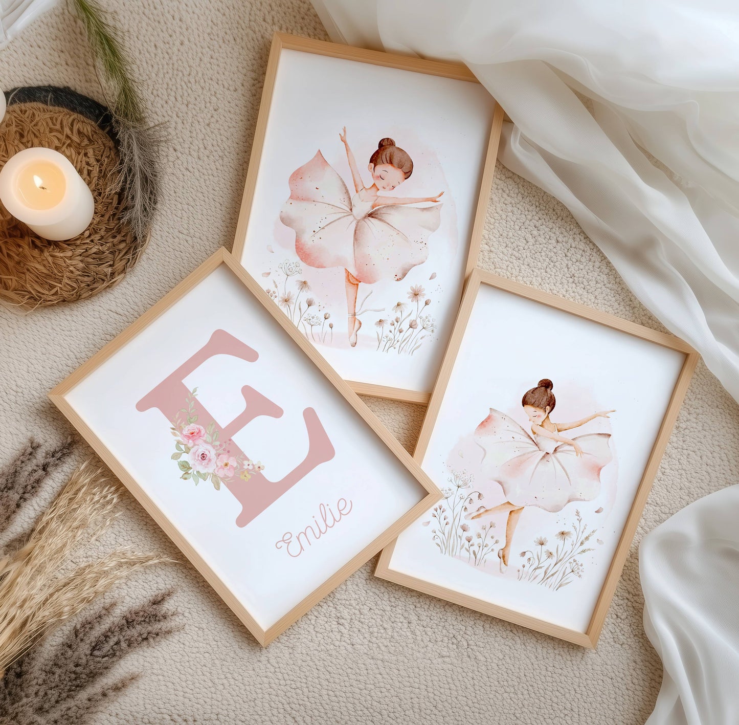 Affiche Danseuse Étoile Personnalisée Prénom | Trio Posters Chambre Bébé Fille Aquarelle | Déco Murale Rose Poudré Ballerine
