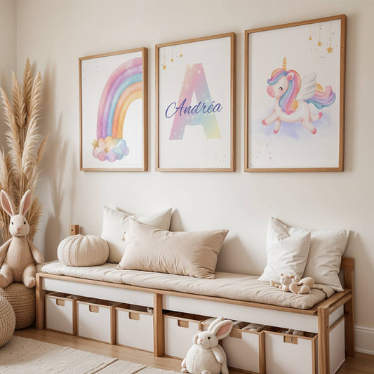 Trio d'affiches licorne et arc-en-ciel personnalisé avec prénom pour chambre de bébé fille.