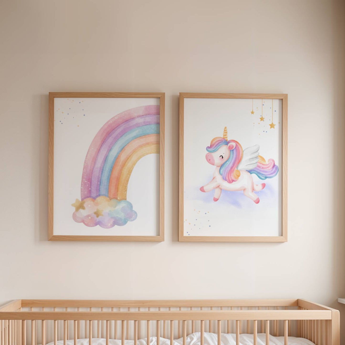 Trio d'affiches licorne et arc-en-ciel personnalisé avec prénom pour chambre de bébé fille.