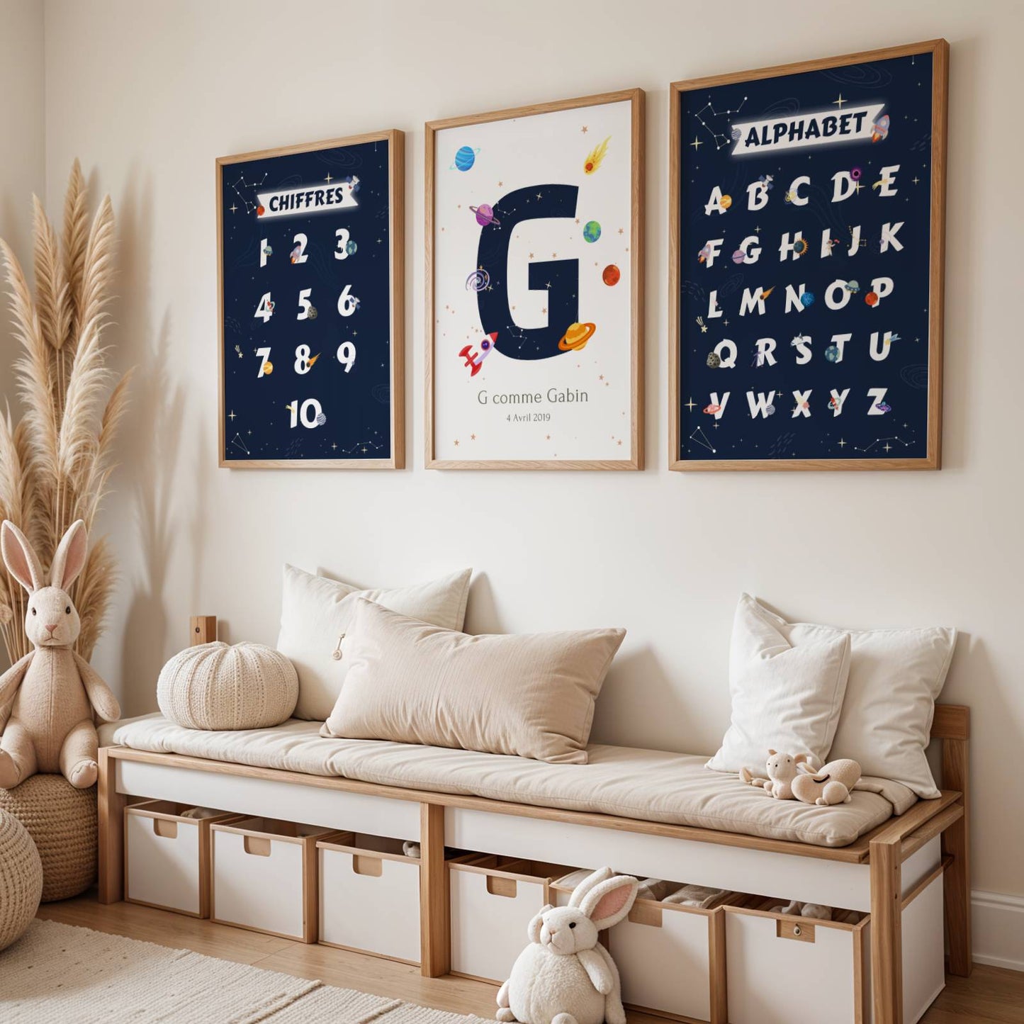 Set de 3 Affiches Espace Enfant -affiches alphabet, chiffres et prénom thème de l'espace pour enfant
