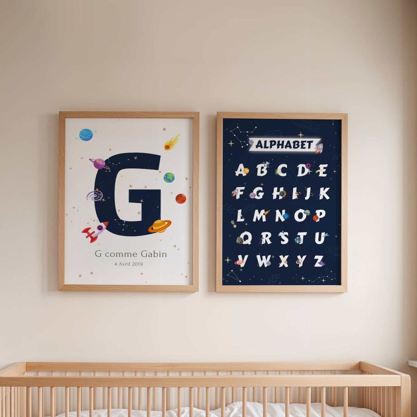 Set de 3 Affiches Espace Enfant -affiches alphabet, chiffres et prénom thème de l'espace pour enfant
