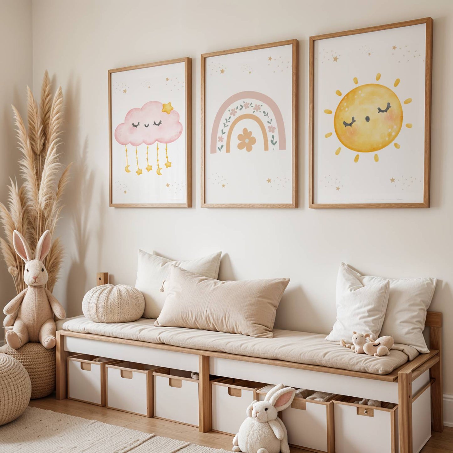 ❤️ Découvrez notre set de 3 affiches enfant au style bohème : un arc-en-ciel fleuri, un soleil et un nuage. &nbsp;L'affiche arc en ciel peut être personnalisée avec le prénom de votre petit trésor. Une touche unique et magique pour sa chambre !