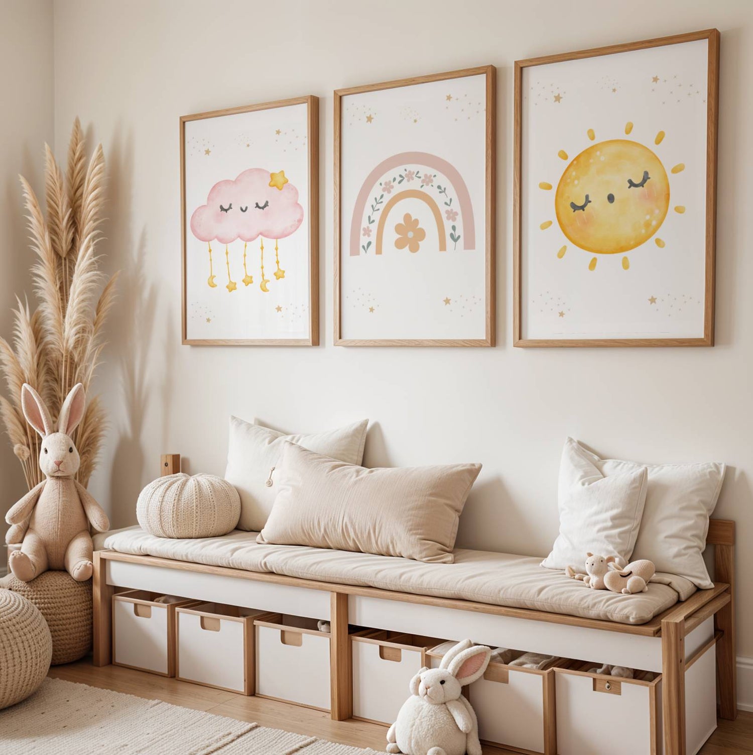 ❤️ Découvrez notre set de 3 affiches enfant au style bohème : un arc-en-ciel fleuri, un soleil et un nuage. &nbsp;L'affiche arc en ciel peut être personnalisée avec le prénom de votre petit trésor. Une touche unique et magique pour sa chambre !