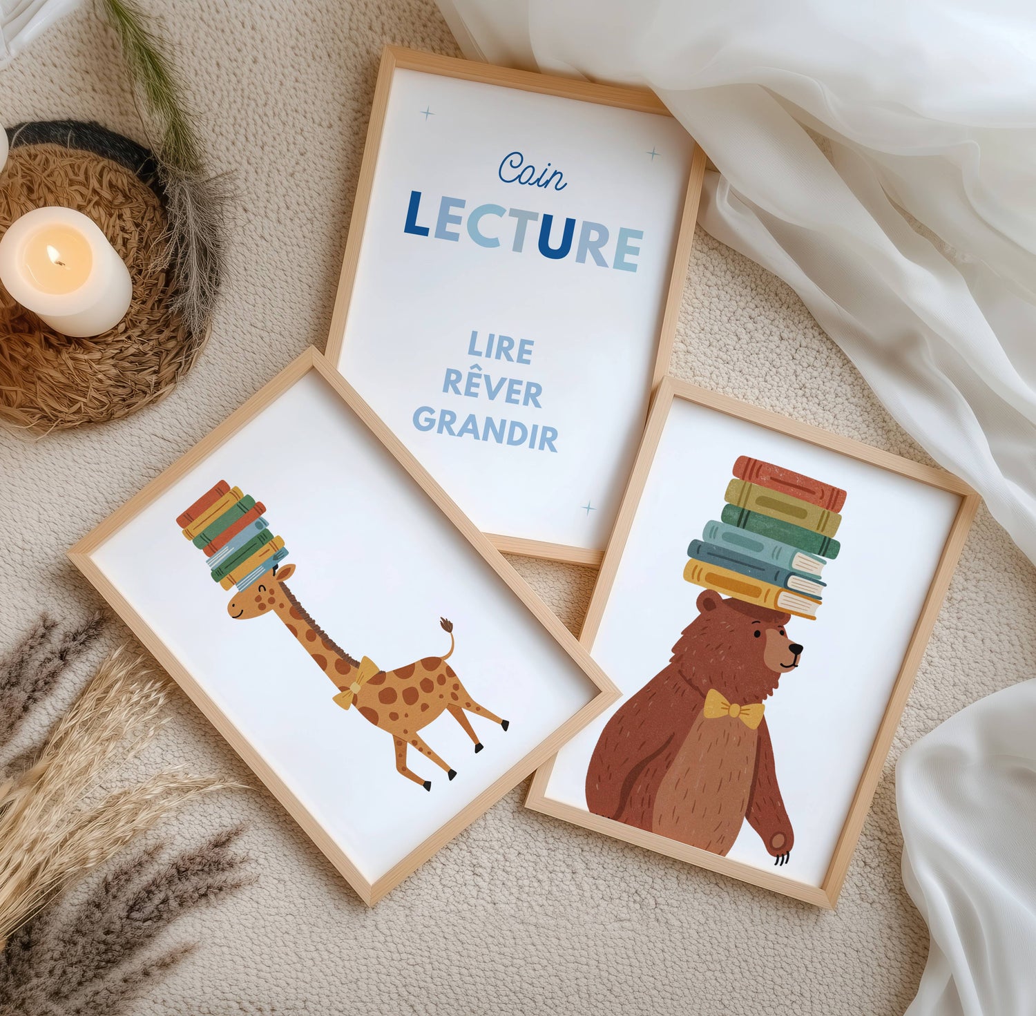 Décoration murale enfant mixte ours et girafe illustration minimaliste coin lecture Montessori