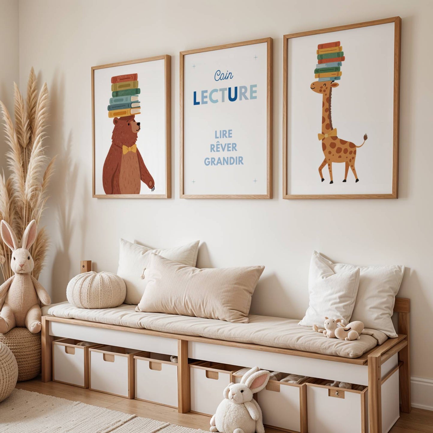 Affiches chambre enfant scandinaves ours et girafe avec livres décoration murale Montessori beige et crème