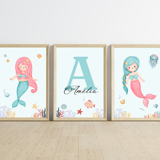Affiche enfant sirène - Déco fille océan - Trio affiches A4 SANS CADRE