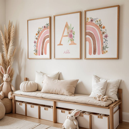 Lot 3 Affiches Chambre Enfant Arc-en-Ciel Fleuri Bohème – Galerie Murale Personnalisée Prénom Cadeau Naissance Fille