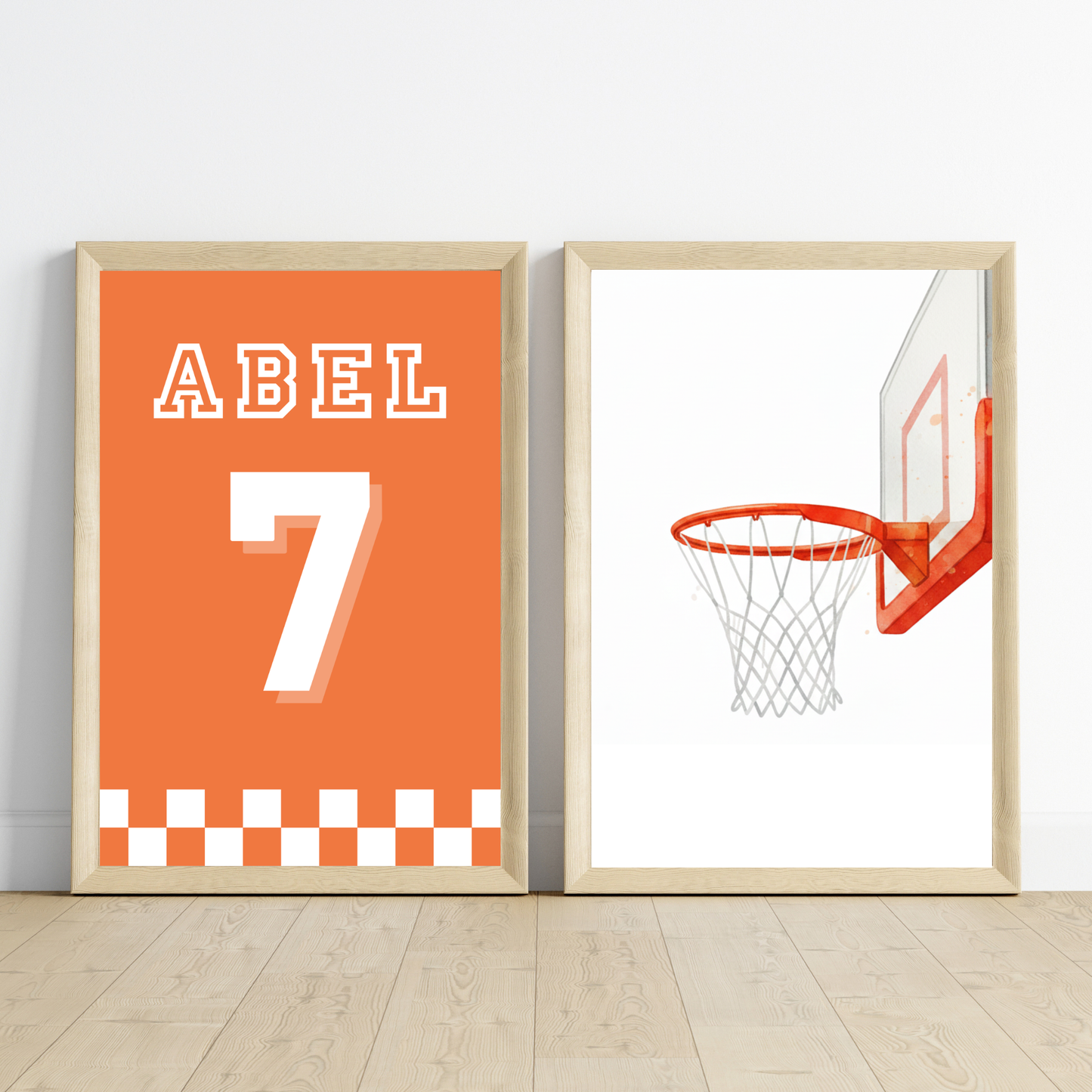 Trio affiches enfant personnalisé thème basket-ball avec ballon, panier et prénom type T-shirt de sport numéroté