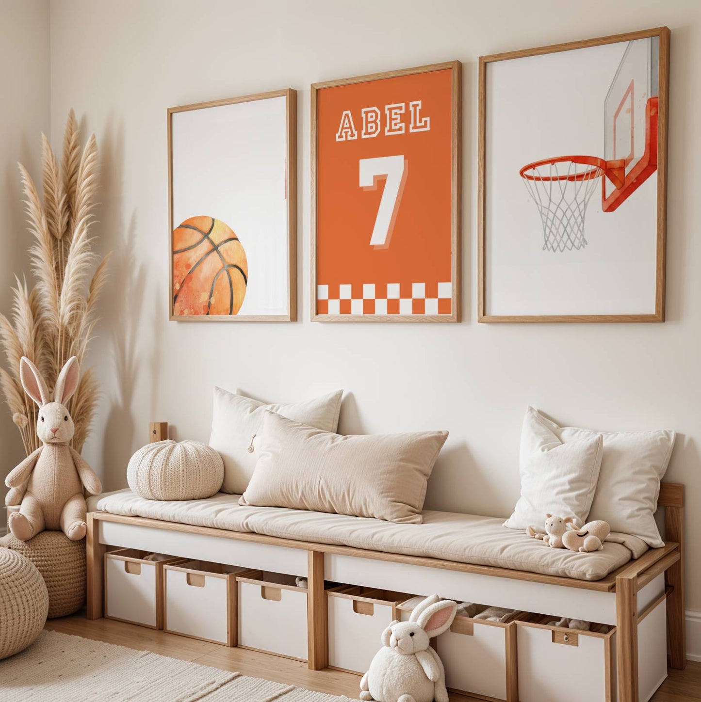 Trio affiches enfant personnalisé thème basket-ball avec ballon, panier et prénom type T-shirt de sport numéroté