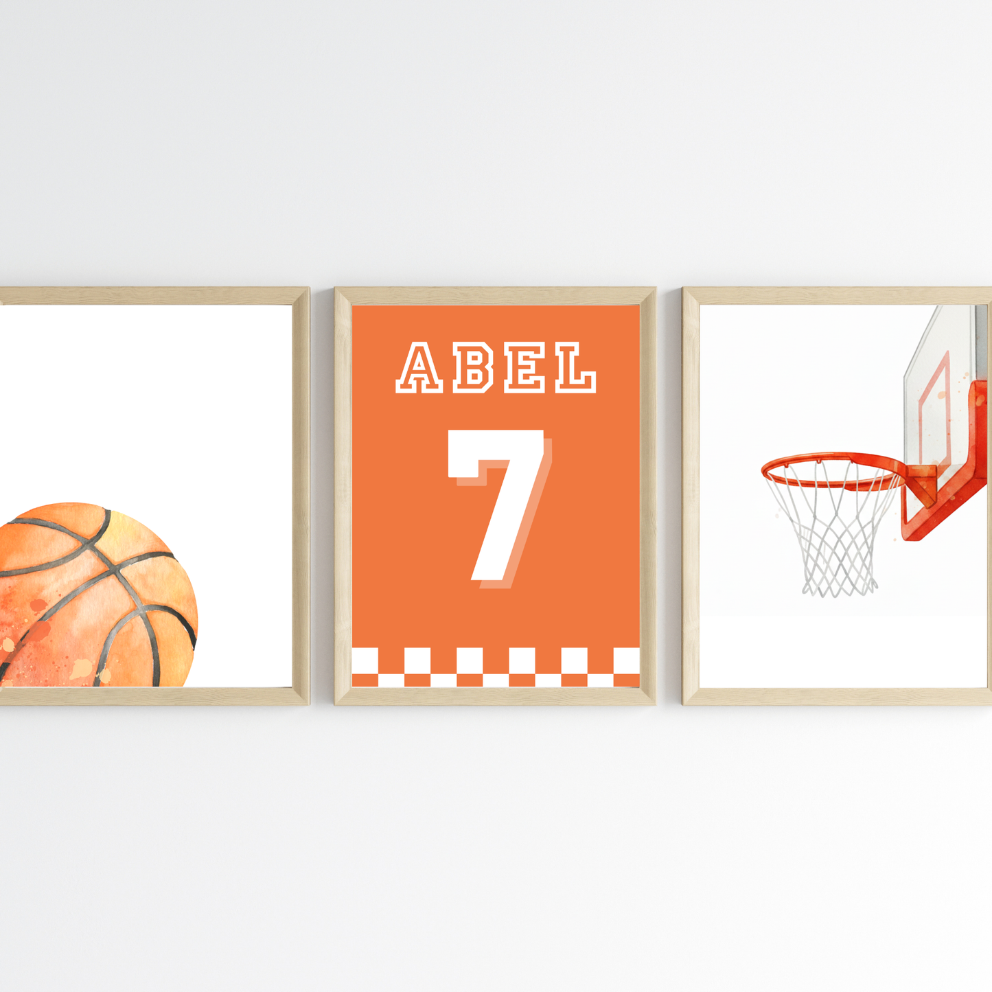 Trio affiches enfant personnalisé thème basket-ball avec ballon, panier et prénom type T-shirt de sport numéroté