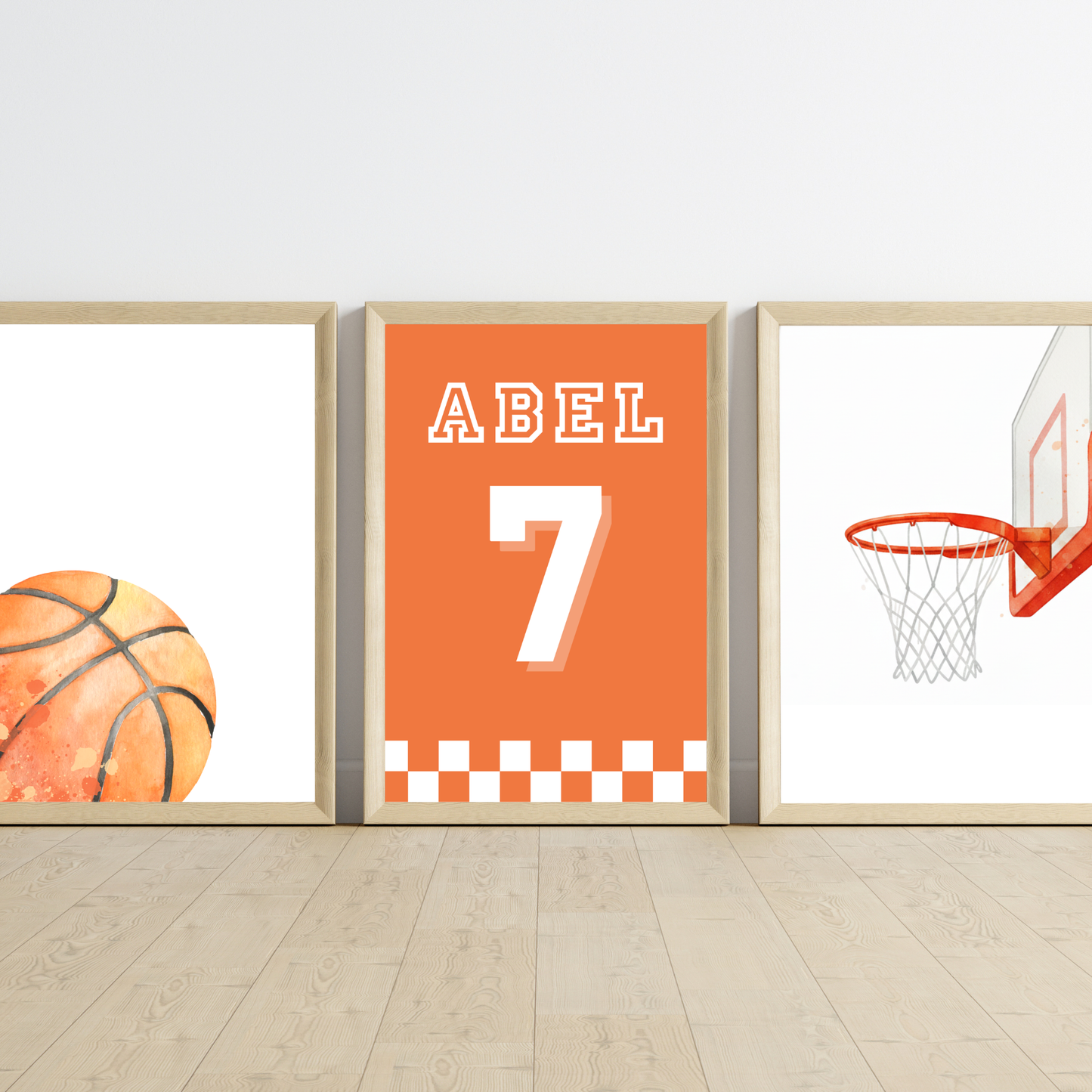 Trio affiches enfant personnalisé thème basket-ball avec ballon, panier et prénom type T-shirt de sport numéroté