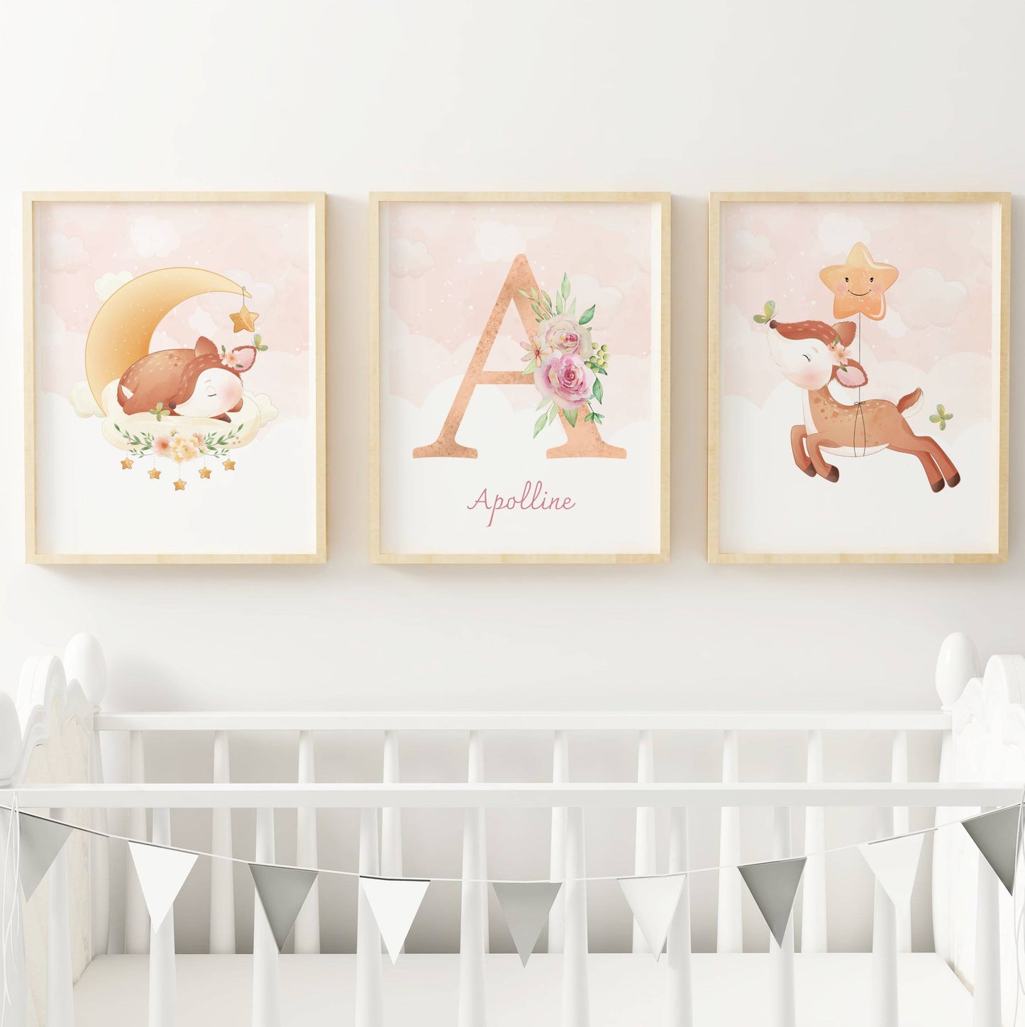 Lot 3 Affiches Chambre Enfant Biche Forêt Aquarelle – Galerie Murale Personnalisée Prénom Cadeau Naissance Fille - Image 4