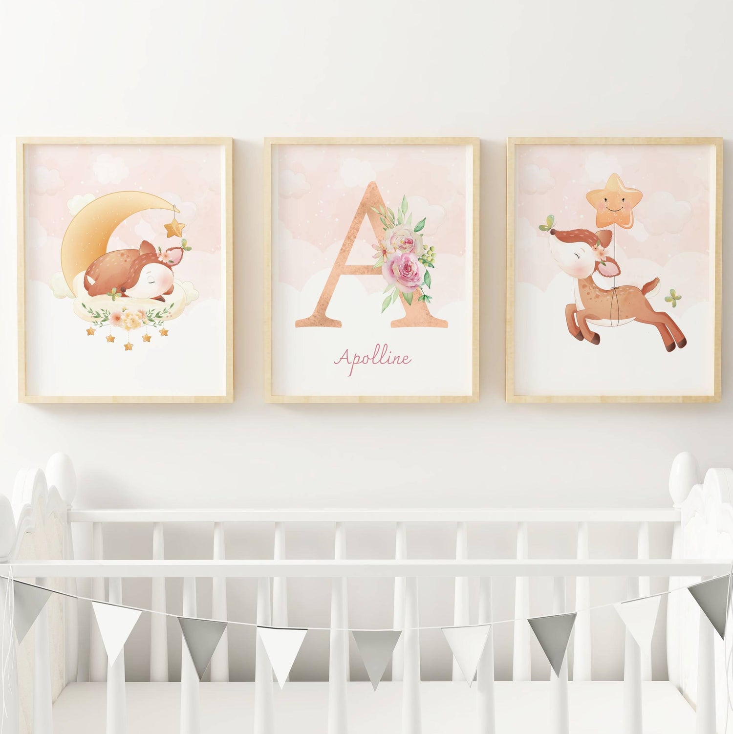 Lot 3 Affiches Chambre Enfant Biche Forêt Aquarelle – Galerie Murale Personnalisée Prénom Cadeau Naissance Fille - Image 4