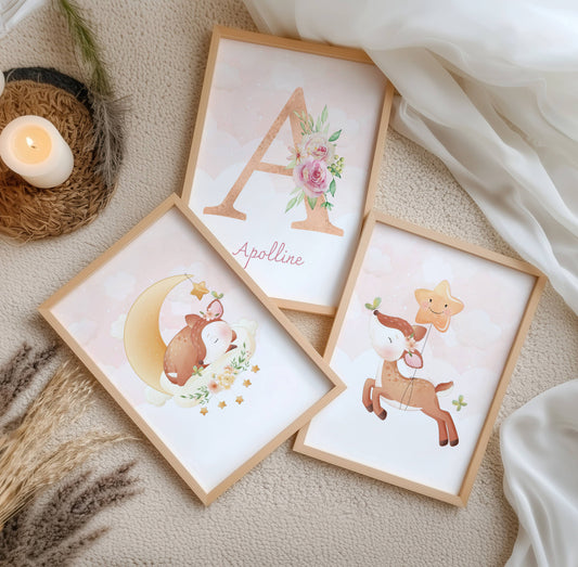 Lot 3 Affiches Chambre Enfant Biche Forêt Aquarelle – Galerie Murale Personnalisée Prénom Cadeau Naissance Fille