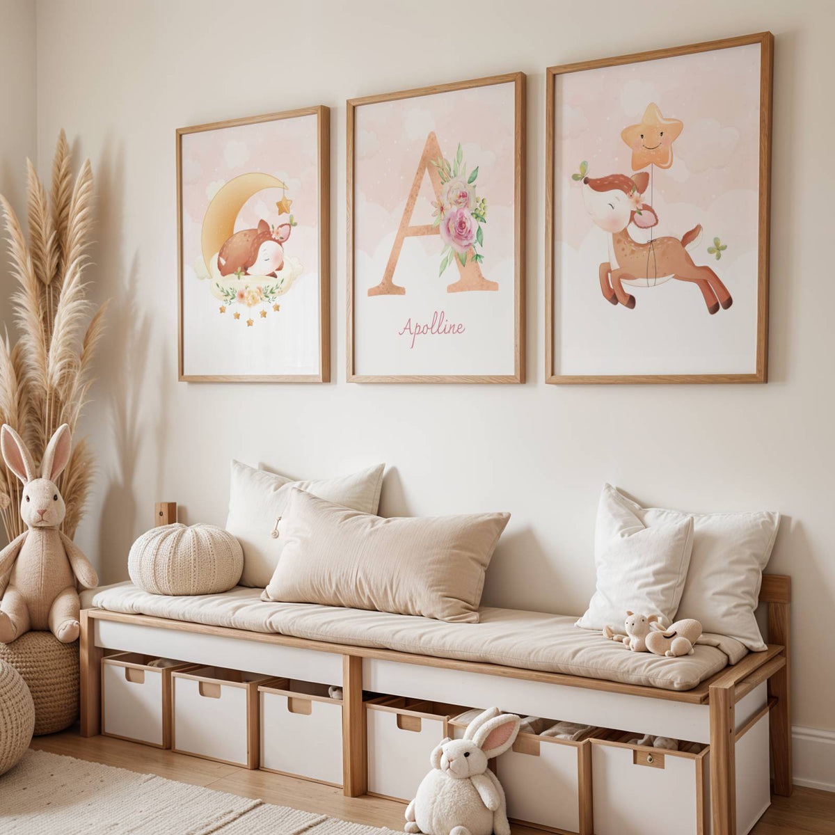 Lot 3 Affiches Chambre Enfant Biche Forêt Aquarelle – Galerie Murale Personnalisée Prénom Cadeau Naissance Fille - Image 1