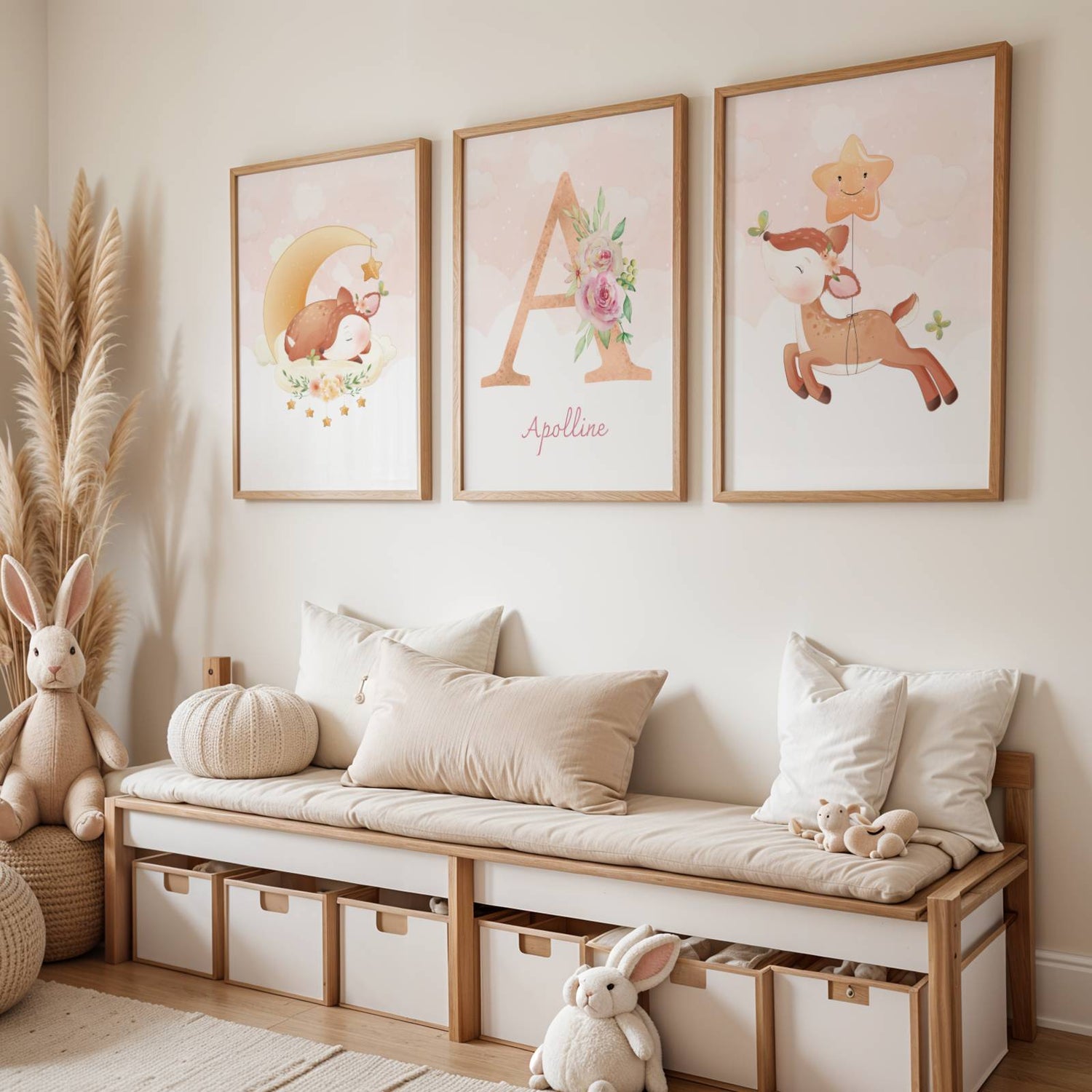 Lot 3 Affiches Chambre Enfant Biche Forêt Aquarelle – Galerie Murale Personnalisée Prénom Cadeau Naissance Fille - Image 1