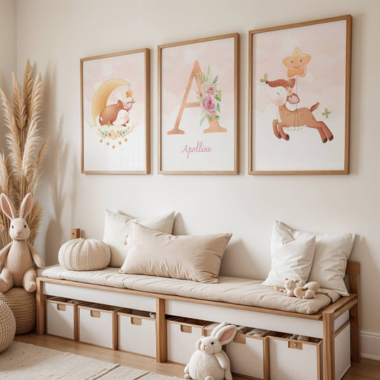 Lot 3 Affiches Chambre Enfant Biche Forêt Aquarelle – Galerie Murale Personnalisée Prénom Cadeau Naissance Fille