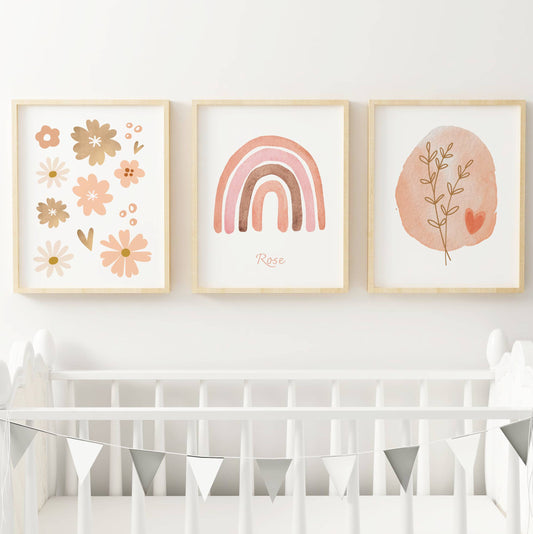 Lot 3 Affiches Chambre Enfant Bohème Fleurs Arc-en-Ciel Terracotta – Galerie Murale Bébé Cadeau Naissance Mixte