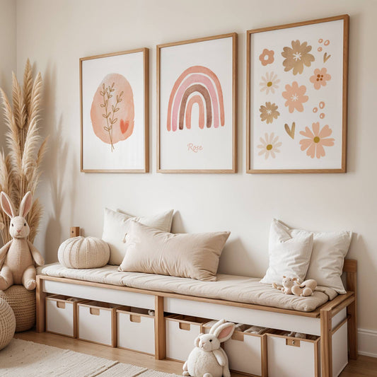 Lot 3 Affiches Chambre Enfant Bohème Fleurs Arc-en-Ciel Terracotta – Galerie Murale Bébé Cadeau Naissance Mixte