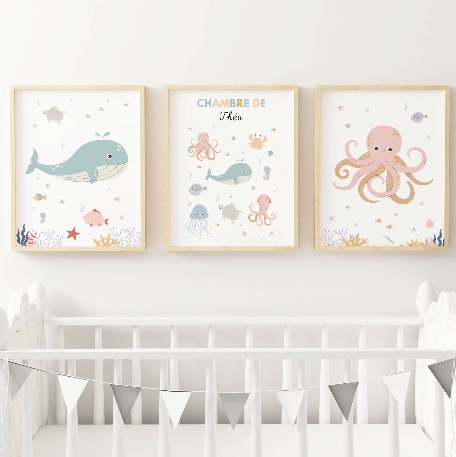 Trio d’affiches personnalisées thème océan pour chambre bébé avec baleine, pieuvre et animaux marins à l’aquarelle