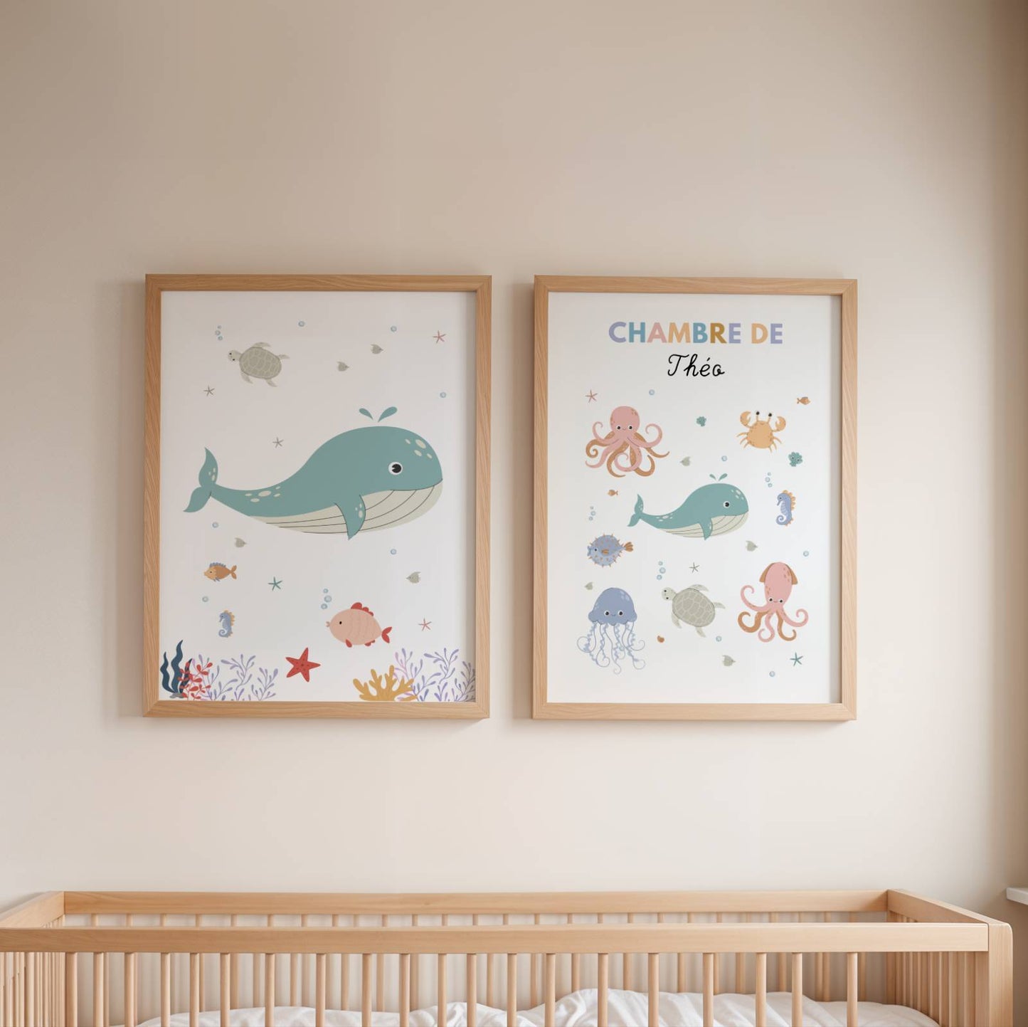 Trio d’affiches personnalisées thème océan pour chambre bébé avec baleine, pieuvre et animaux marins à l’aquarelle