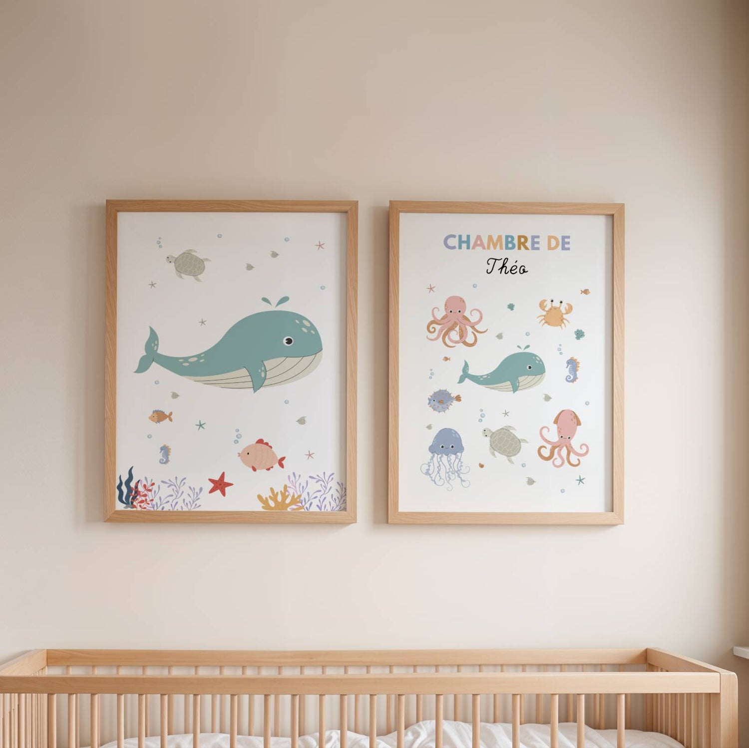 Trio d’affiches personnalisées thème océan pour chambre bébé avec baleine, pieuvre et animaux marins à l’aquarelle