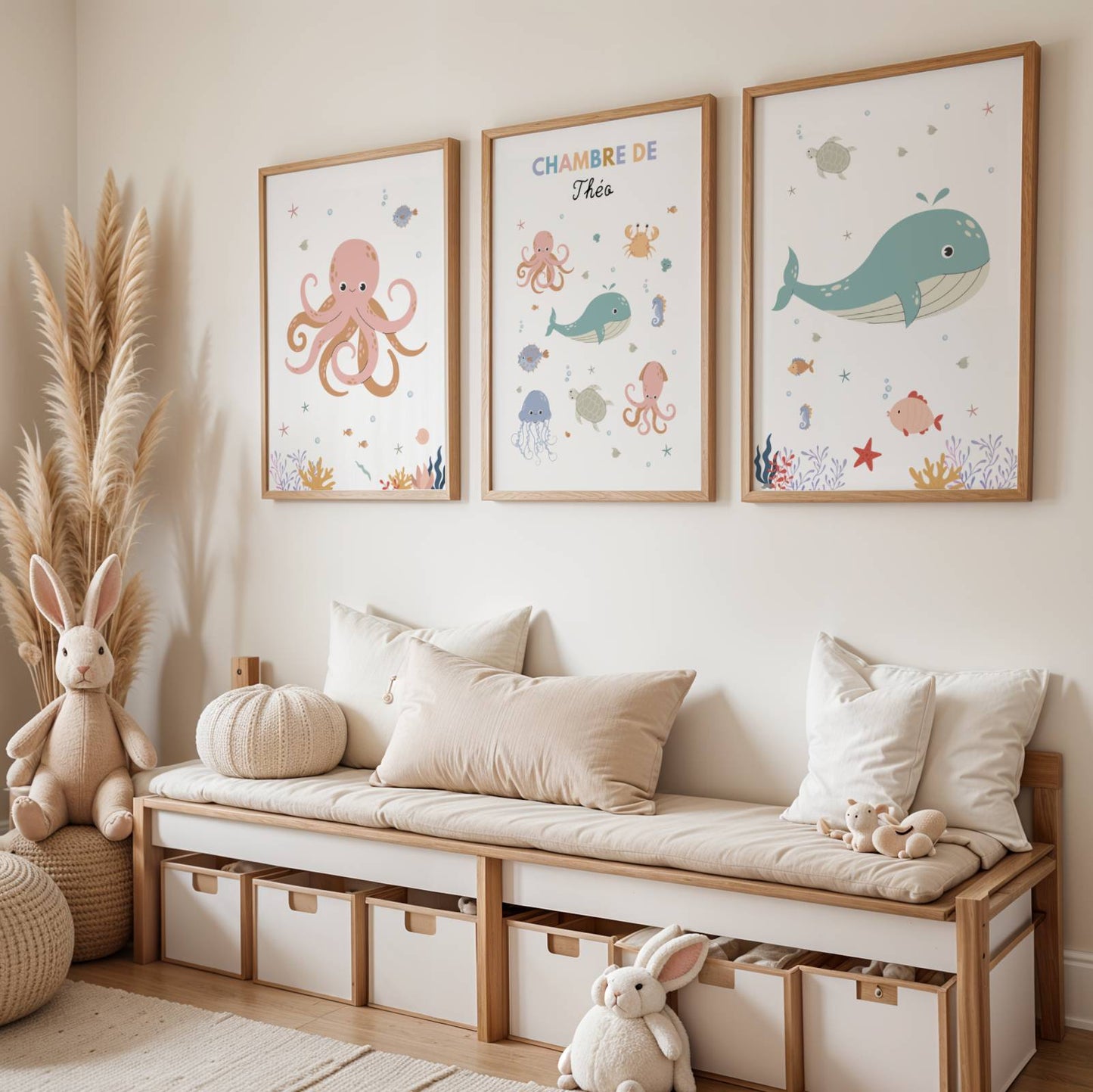 Trio d’affiches personnalisées thème océan pour chambre bébé avec baleine, pieuvre et animaux marins à l’aquarelle