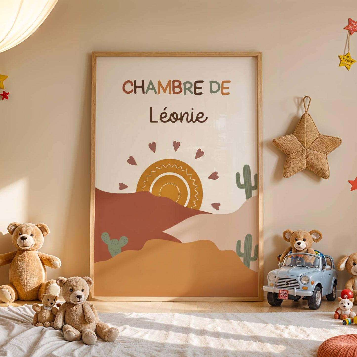 Lot de 3 affiches enfant terracotta avec Lama, Paresseux et poster personnalisé avec prénom et soleil