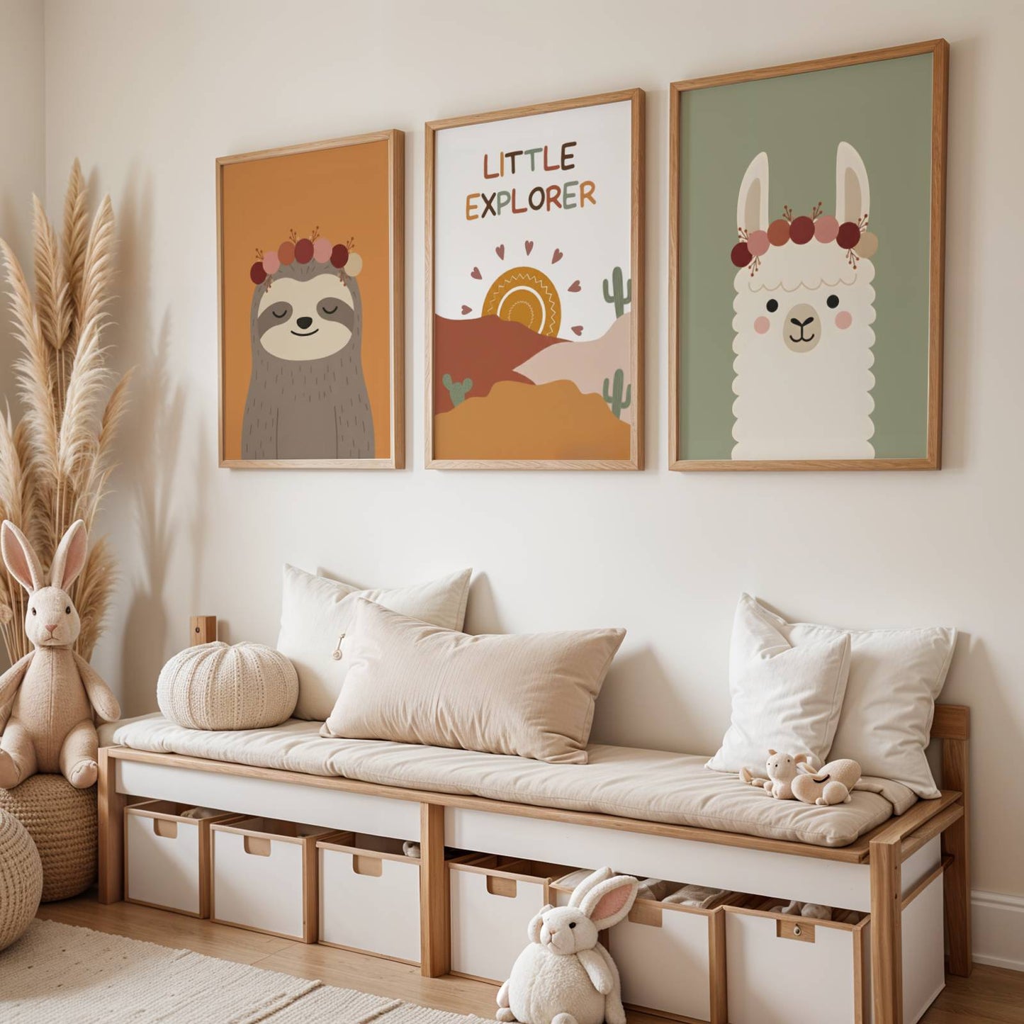 Lot de 3 affiches enfant terracotta avec Lama, Paresseux et poster personnalisé avec prénom et soleil