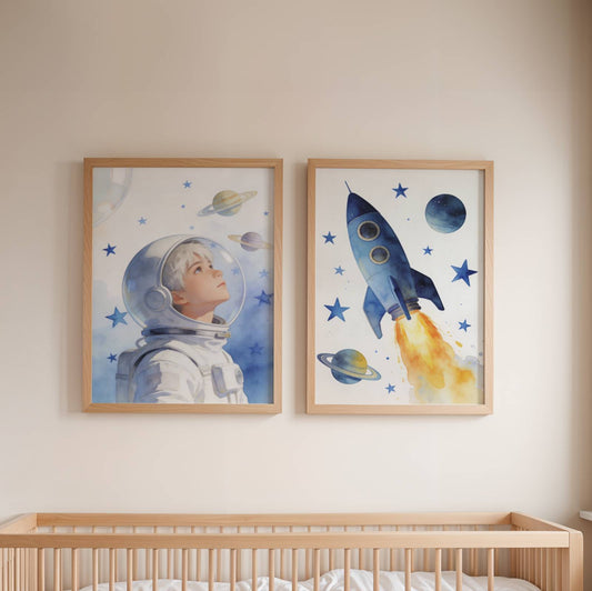 Lot 3 Affiches Chambre Enfant Espace Astronaute Aquarelle – Galerie Murale Personnalisée Prénom Cadeau Naissance Garçon