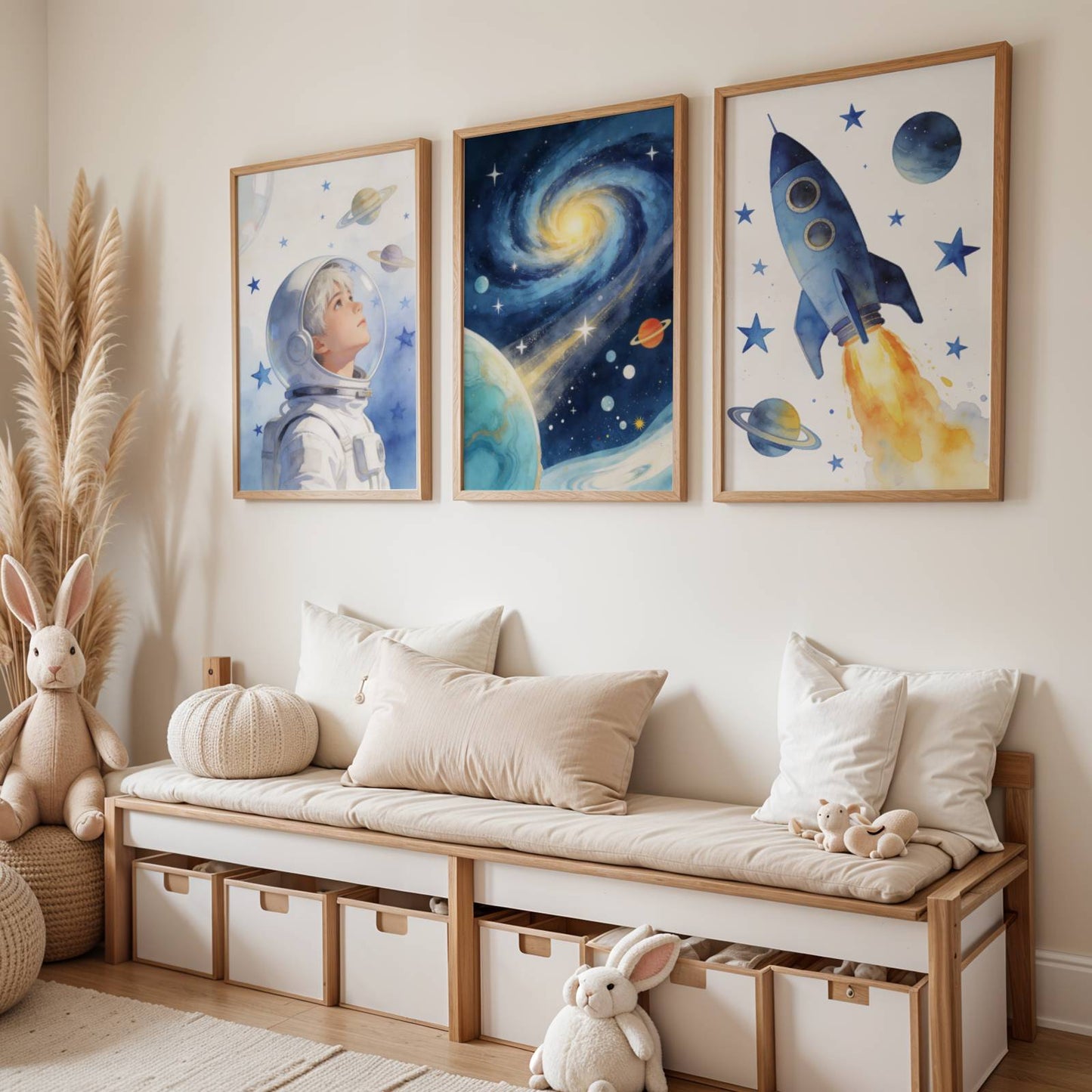 Set de 3 Affiches Espace Enfant - Décoration Chambre Astronaute Aquarelle