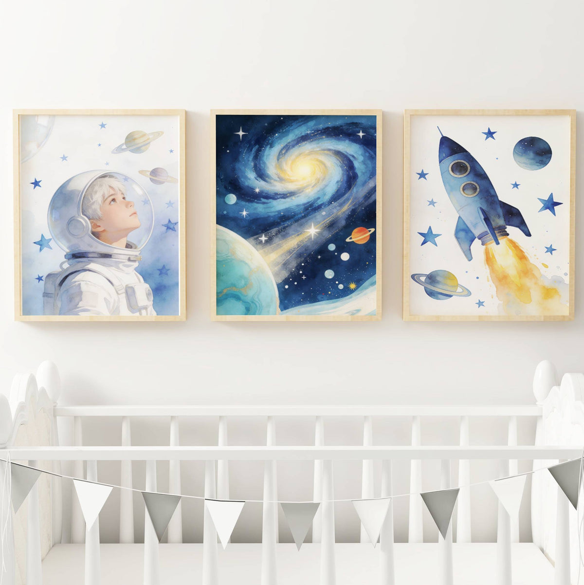 Lot 3 Affiches Chambre Enfant Espace Astronaute Aquarelle – Galerie Murale Personnalisée Prénom Cadeau Naissance Garçon - Image 3