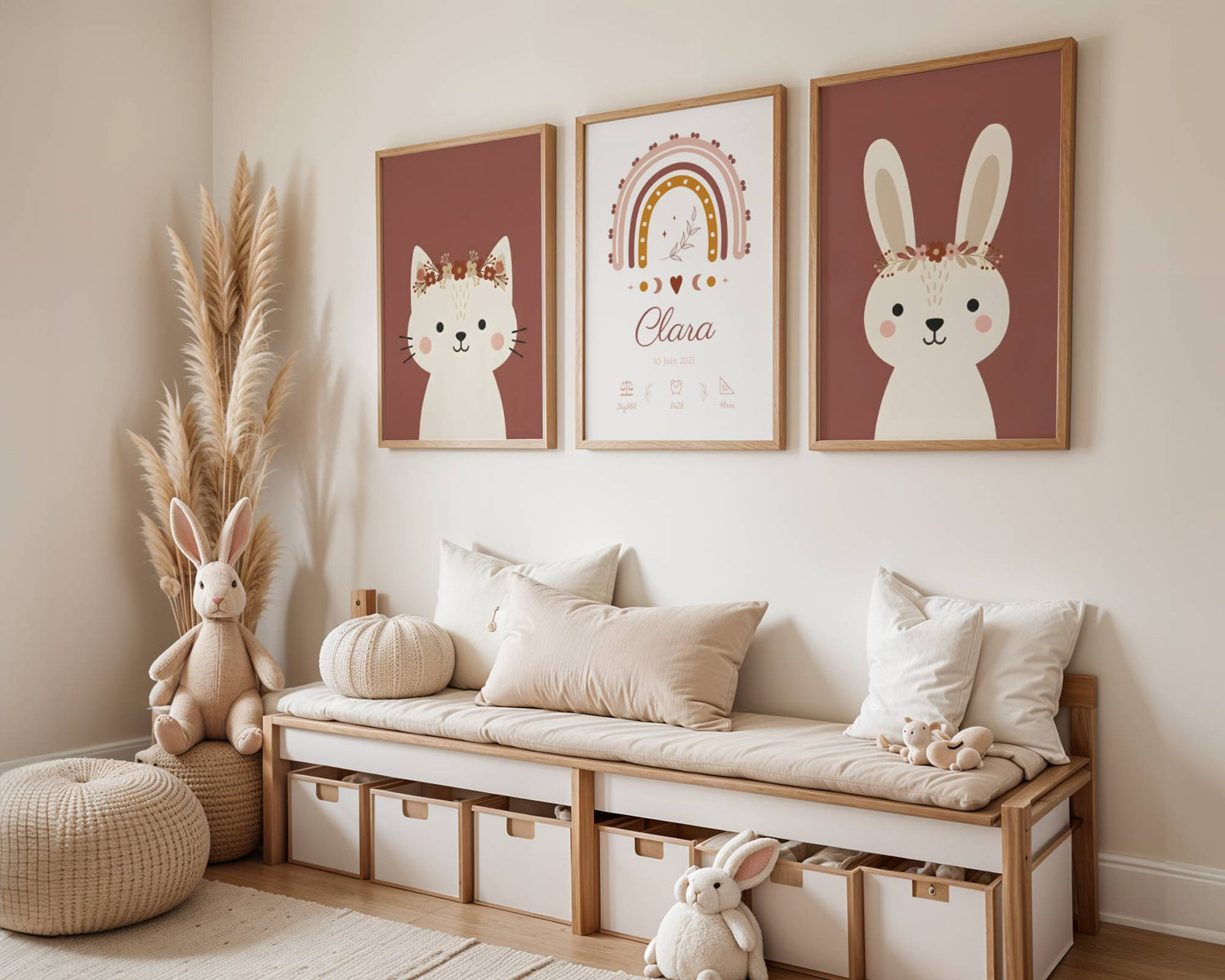 Sublimez la chambre de votre enfant avec ce lot de 3 affiches personnalisées au style bohème et chaleureux.

Ce trio harmonieux comprend un adorable chaton, un lapin malicieux et une affiche centrale personnalisable avec le prénom de votre choix et un arc-en-ciel terracotta. Idéal pour créer une atmosphère douce et apaisante.