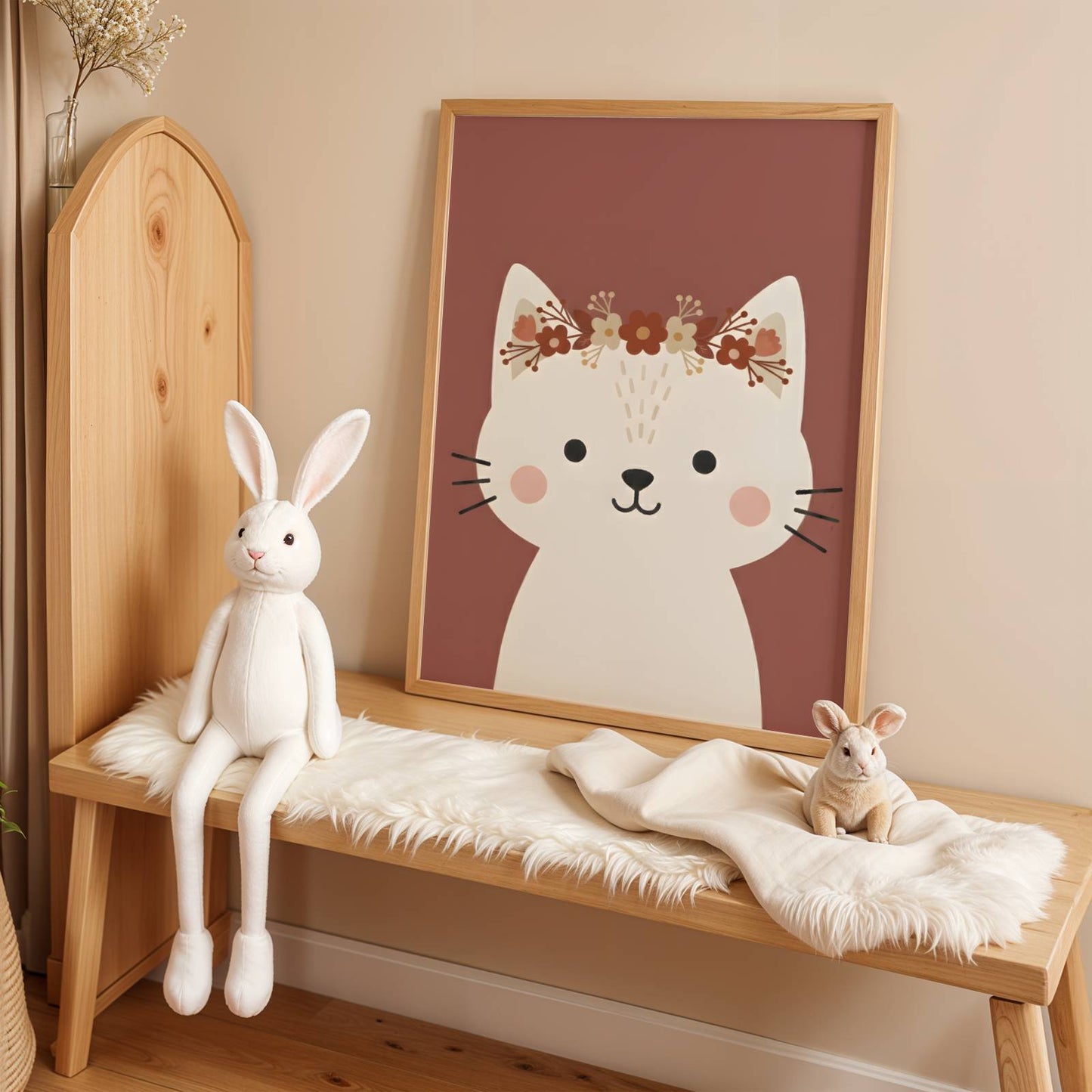 Sublimez la chambre de votre enfant avec ce lot de 3 affiches personnalisées au style bohème et chaleureux.

Ce trio harmonieux comprend un adorable chaton, un lapin malicieux et une affiche centrale personnalisable avec le prénom de votre choix et un arc-en-ciel terracotta. Idéal pour créer une atmosphère douce et apaisante.