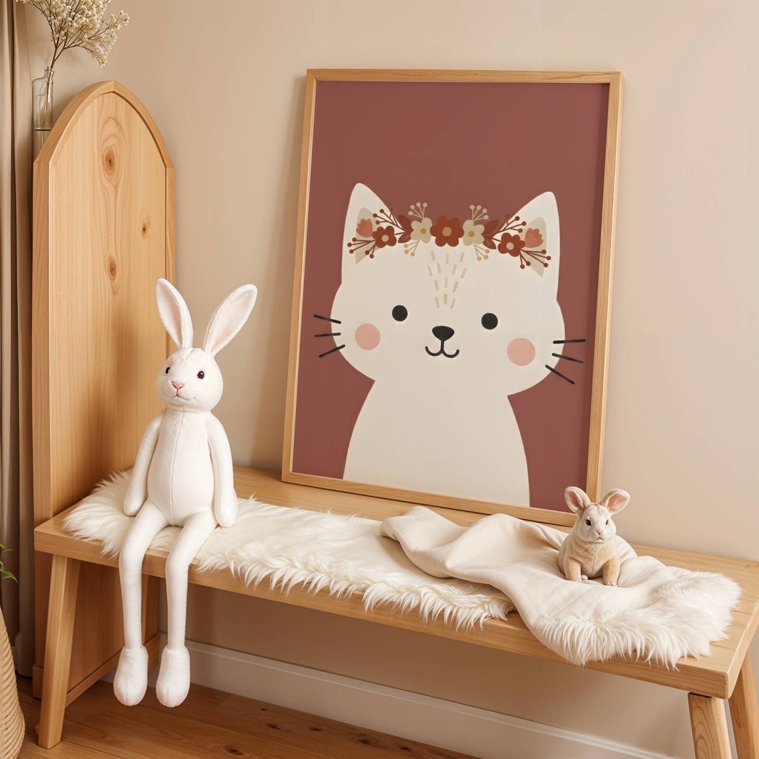 Sublimez la chambre de votre enfant avec ce lot de 3 affiches personnalisées au style bohème et chaleureux.

Ce trio harmonieux comprend un adorable chaton, un lapin malicieux et une affiche centrale personnalisable avec le prénom de votre choix et un arc-en-ciel terracotta. Idéal pour créer une atmosphère douce et apaisante.