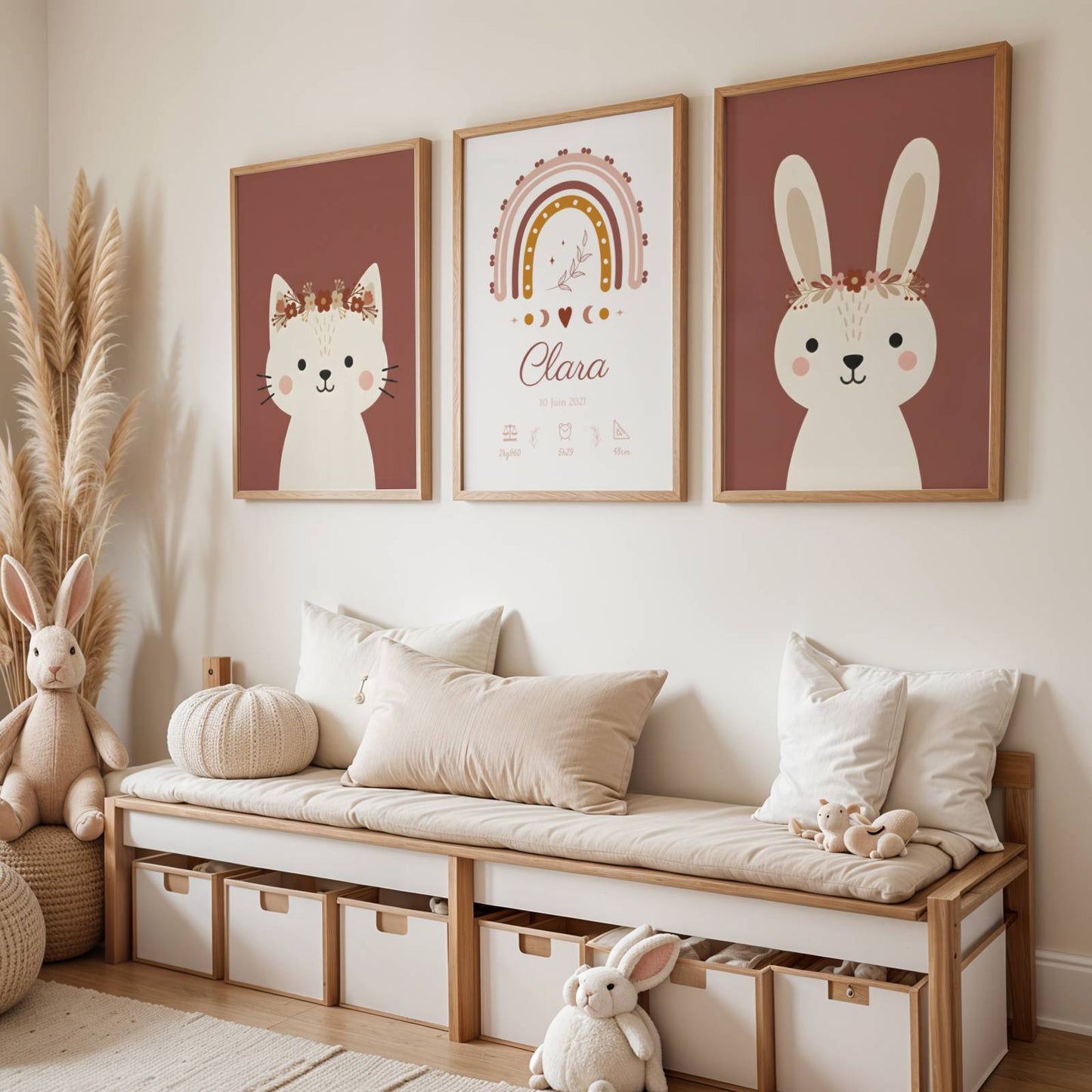 Sublimez la chambre de votre enfant avec ce lot de 3 affiches personnalisées au style bohème et chaleureux.

Ce trio harmonieux comprend un adorable chaton, un lapin malicieux et une affiche centrale personnalisable avec le prénom de votre choix et un arc-en-ciel terracotta. Idéal pour créer une atmosphère douce et apaisante.