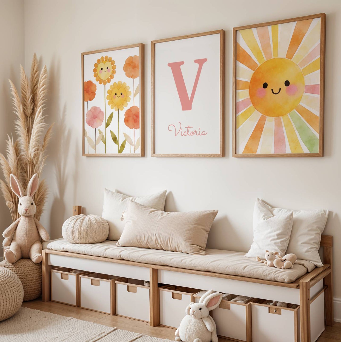 Affiches Personnalisables Chambre Bébé avec Soleil, Fleurs, Prénom et Initiale style aquarelle kawai