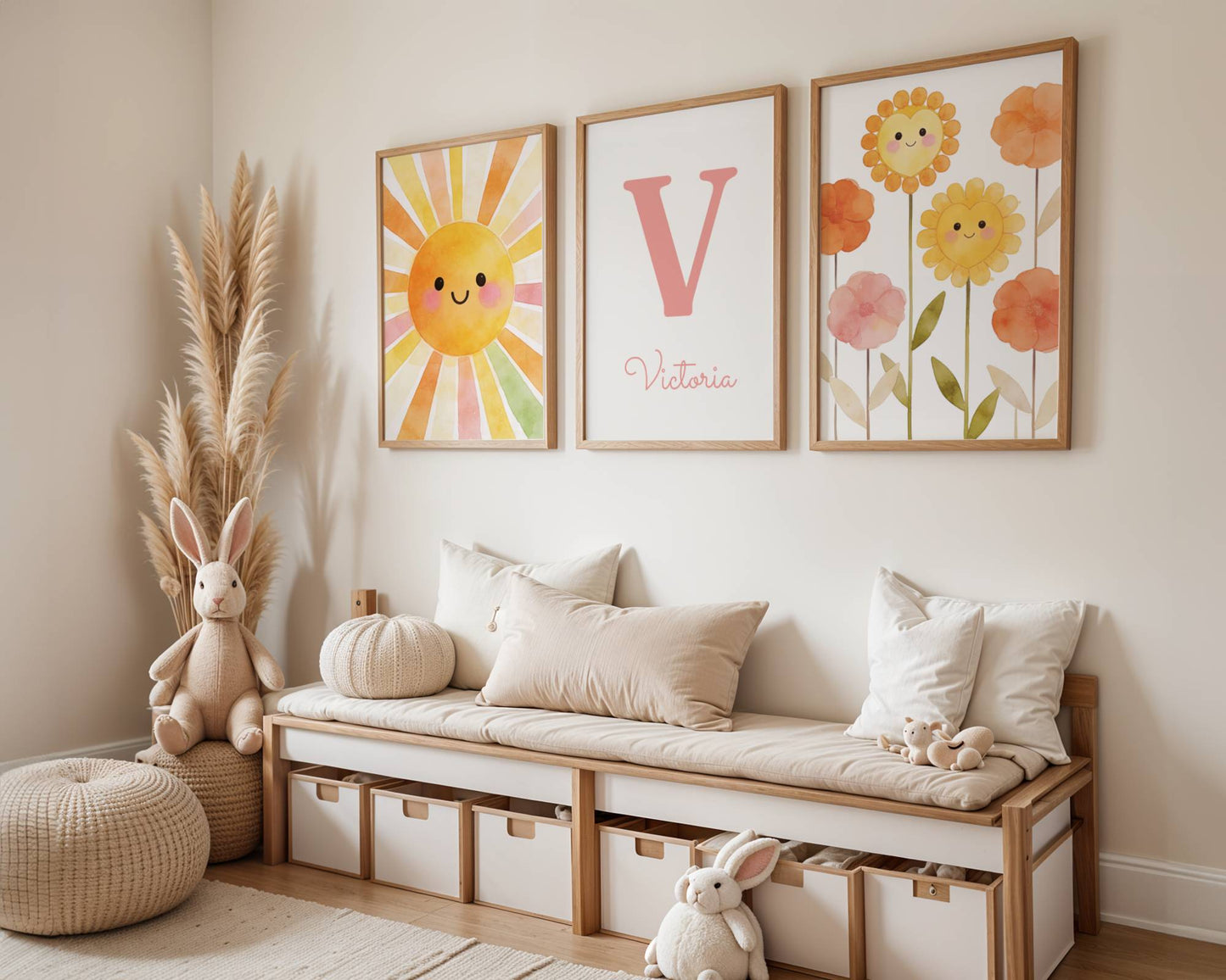 Affiches Personnalisables Chambre Bébé avec Soleil, Fleurs, Prénom et Initiale style aquarelle kawai