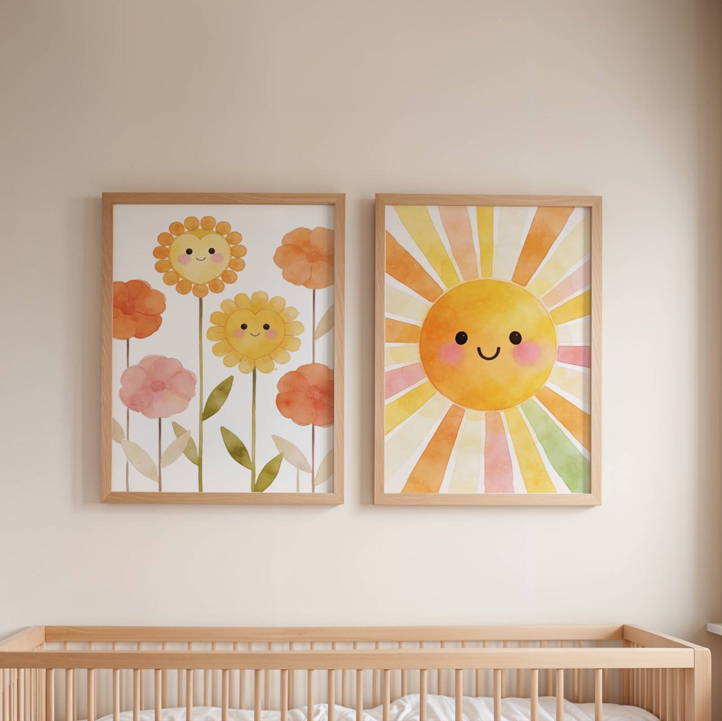 Affiches Personnalisables Chambre Bébé avec Soleil, Fleurs, Prénom et Initiale style aquarelle kawai